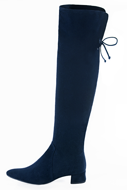 Navy blue women's leather thigh-high boots. Tapered toe. Low flare heels. Made to measure. Profile view - Florence KOOIJMAN
